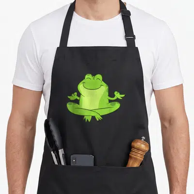 Tablier de cuisine noir avec une grenouille verte assise en tailleur et les yeux fermés dans une posture de méditation.