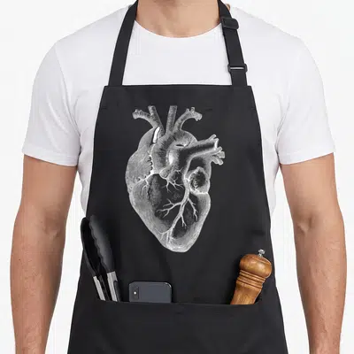 Tablier de cuisine noir avec illustration détaillée d'un cœur humain anatomique en style gravure scientifique blanche.