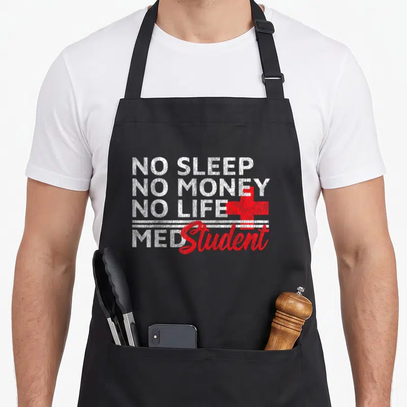 Tablier de cuisine noir avec texte blanc No Sleep No Money No Life et croix rouge Medical Student