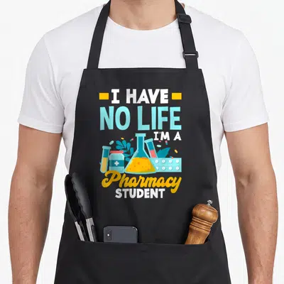 Tablier de cuisine noir avec inscription J'ai pas de vie je suis étudiant pharmacie et illustrations d'éprouvettes colorées.