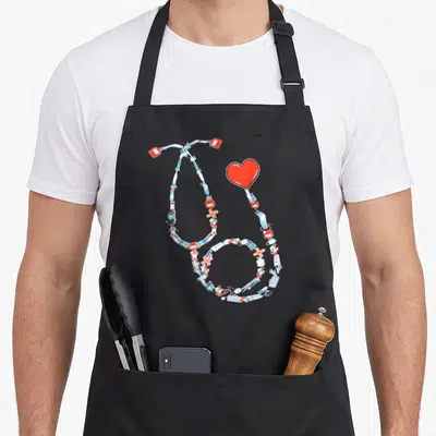 Tablier de cuisine noir avec un stéthoscope composé d'outils médicaux et un cœur rouge vif imprimé au centre.