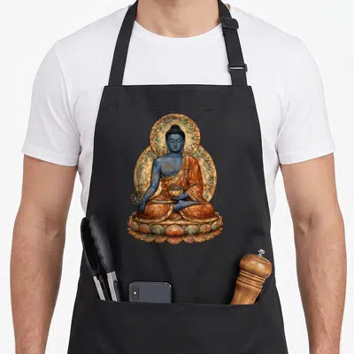 Tablier de cuisine noir avec une illustration colorée d'une divinité bouddhiste assise sur un lotus tenant un bol.
