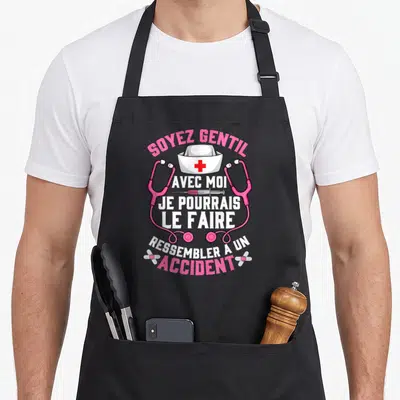 Tablier de cuisine noir avec coiffe d'infirmière, stéthoscope rose et texte humoristique sur fond uni.