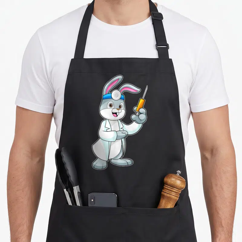 Tablier de cuisine noir avec un lapin gris en blouse blanche tenant une seringue orange.