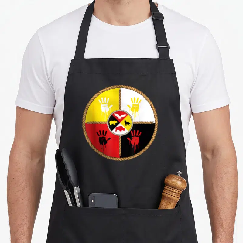 Tablier de cuisine noir avec une roue de médecine circulaire aux quatre couleurs et des traces de mains stylisées.