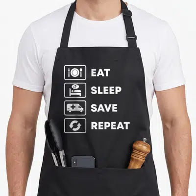 Tablier de cuisine noir avec icônes blanches Manger Dormir Sauver Répéter et ambulance stylisée.