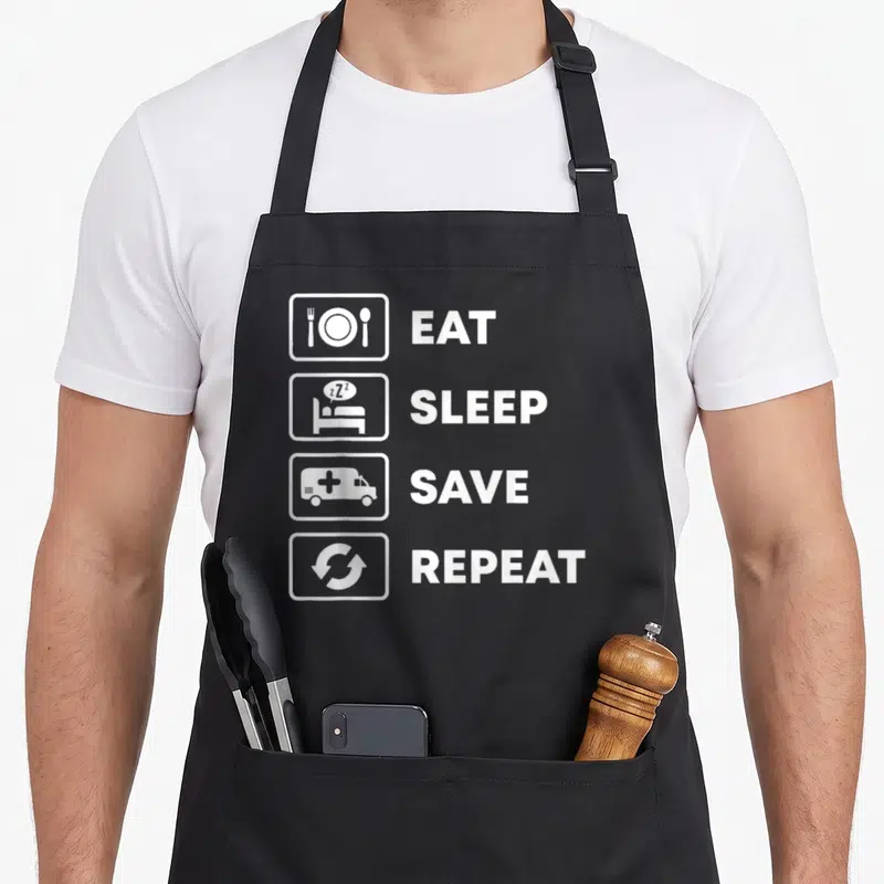 Tablier de cuisine noir avec icônes blanches Manger Dormir Sauver Répéter et ambulance stylisée.