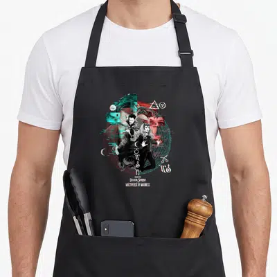 Tablier de cuisine noir avec illustration Doctor Strange Multiverse of Madness en style glitch art aux couleurs cyan et rouge.