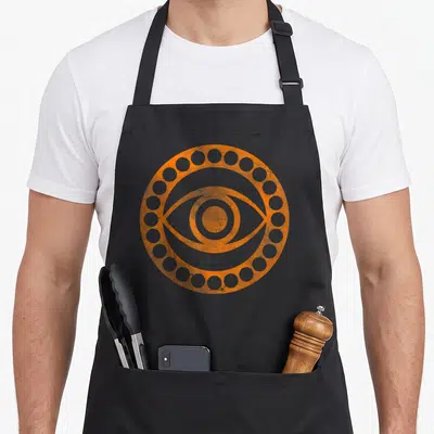 Tablier de cuisine noir orné d'un grand œil stylisé orange entouré de cercles géométriques sur fond uni.