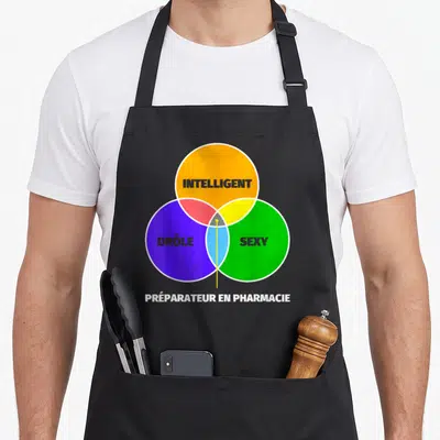 Tablier de cuisine noir avec un diagramme de Venn coloré affichant les mots intelligent drôle sexy et préparateur en pharmacie
