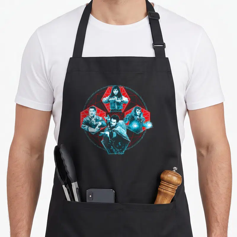 Tablier de cuisine noir avec Doctor Strange et personnages du Multiverse de folie en rouge et bleu.
