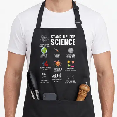 Tablier de cuisine noir avec illustrations scientifiques et texte Stand Up for Science sur fond gris uni.