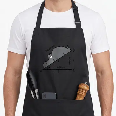 Tablier de cuisine noir avec un hippopotame posé sur un triangle rectangle annoté hippoténuse adjacent et opposé