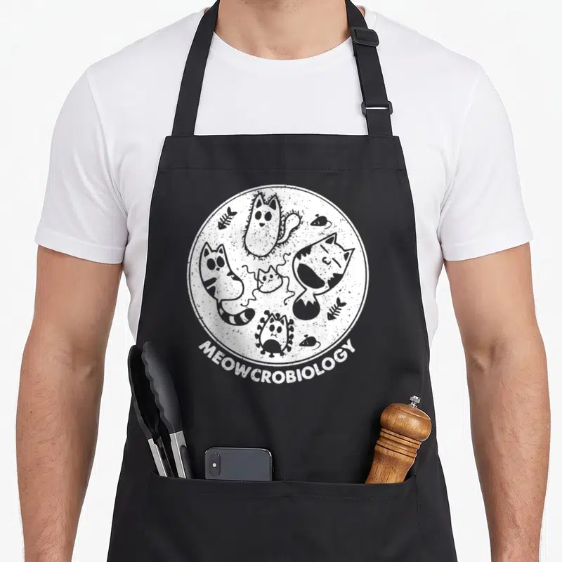 Tablier de cuisine noir avec illustration circulaire de chats-bactéries et l'inscription Meowcrobiology en bas.