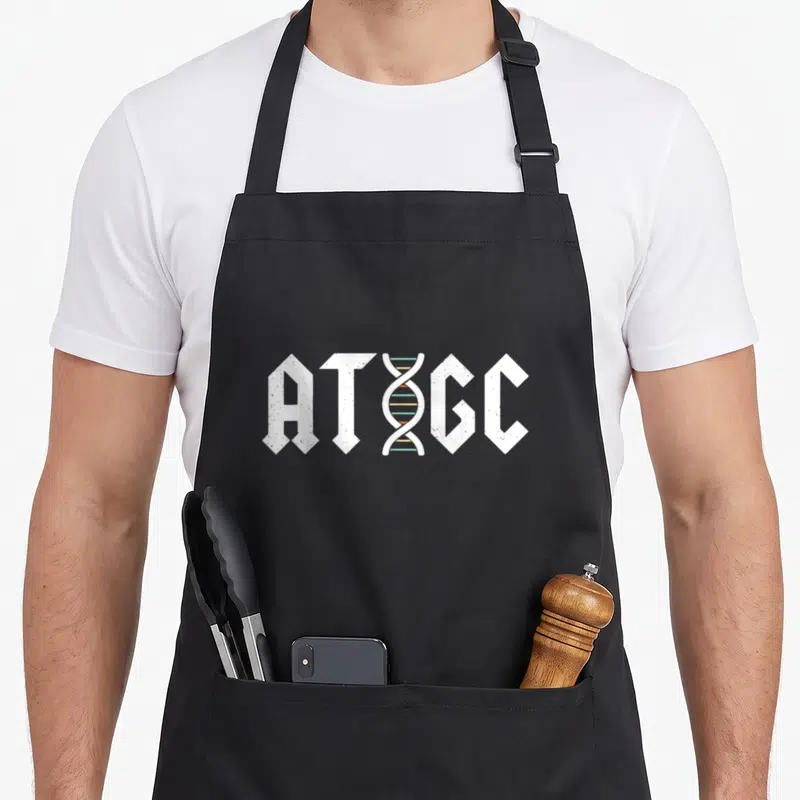 Tablier de cuisine noir avec l'inscription ATGC et une illustration de double hélice ADN colorée au centre du motif.