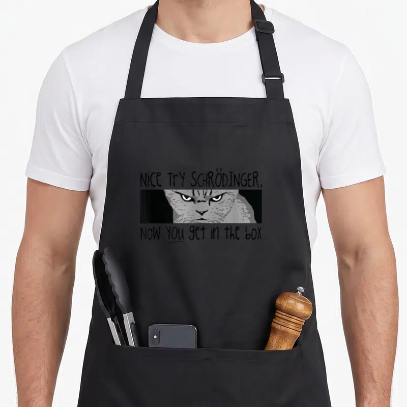 Tablier de cuisine noir avec un chat aux yeux menaçants et le texte Nice Try Schrödinger Now You Get in the Box imprimé en blanc.