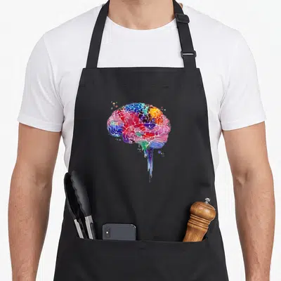 Tablier de cuisine noir avec illustration d'un cerveau multicolore aux couleurs vives et effet de coulure en bas.