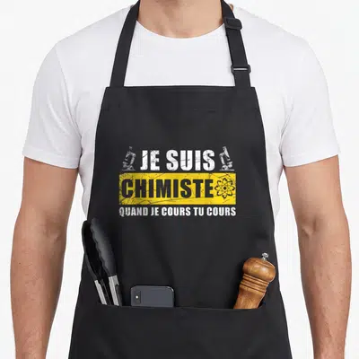 Tablier de cuisine noir avec inscription Je suis chimiste quand je cours tu cours, microscopes et symbole atomique.