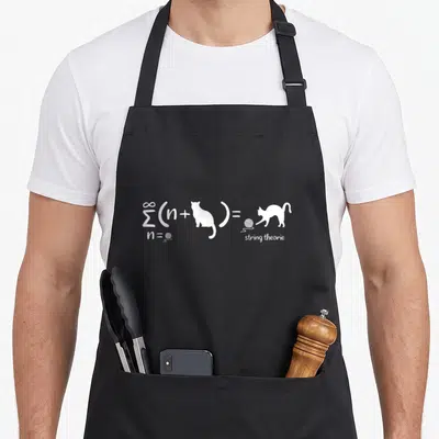 Tablier de cuisine noir avec une équation mathématique blanche représentant un chat et une pelote de laine sous le terme string theorie.