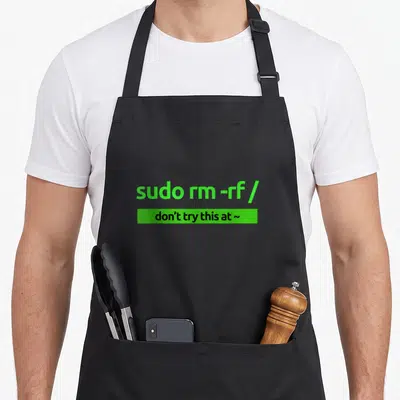 Tablier de cuisine noir avec inscription sudo rm -rf / en vert et bande noire don't try this at ~