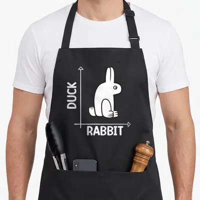 Tablier de cuisine noir avec illustration graphique blanc représentant le canard lapin sur un axe cartésien.