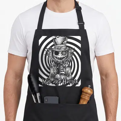Tablier de cuisine noir avec illustration Chapelier fou Mad as a Hatter style psychédélique noir et blanc.
