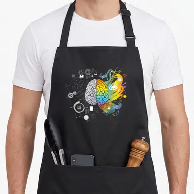 Tablier de cuisine noir avec illustration d'un cerveau coloré séparant logique scientifique et art créatif multicolore.