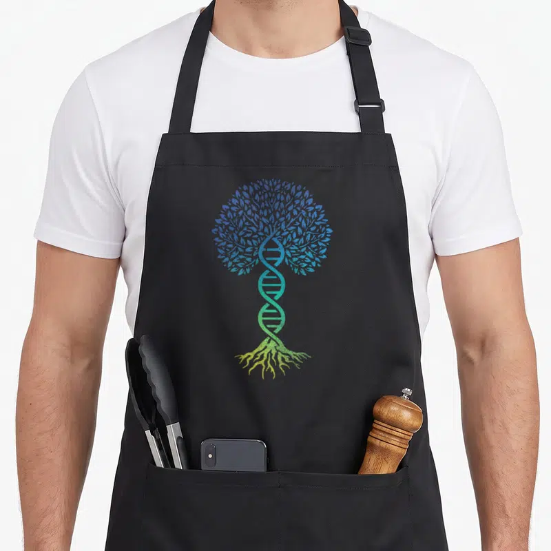 Tablier de cuisine noir avec un arbre de vie stylisé dont le tronc forme une double hélice d'ADN aux couleurs dégradées de bleu à vert.