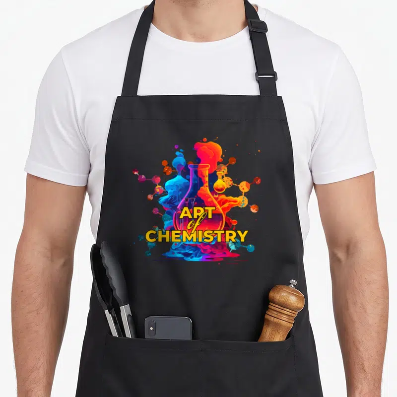 Tablier de cuisine noir avec illustration colorée de flacons et le texte Art of Chemistry au centre du motif.