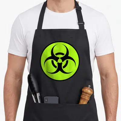 Tablier de cuisine noir avec un grand logo circulaire vert lime représentant un risque biologique en noir.