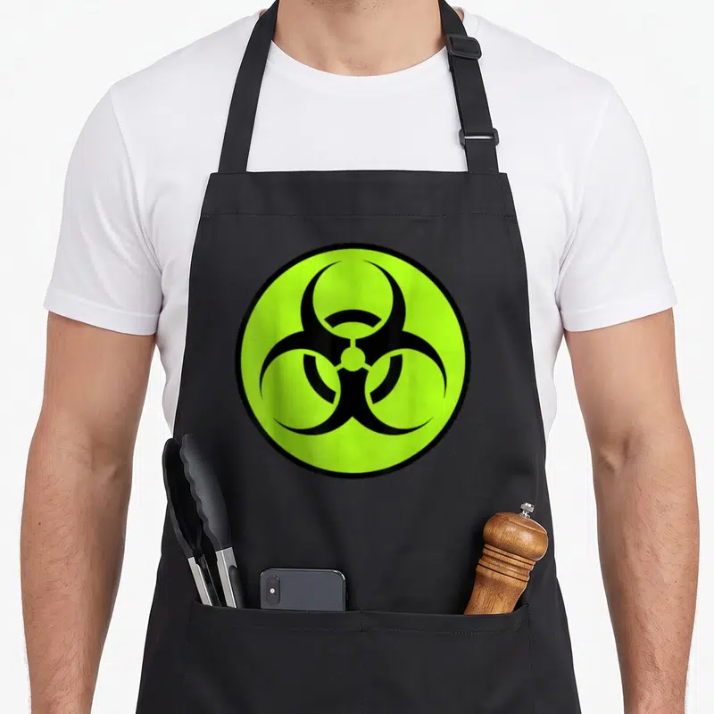 Tablier de cuisine noir avec un grand logo circulaire vert lime représentant un risque biologique en noir.