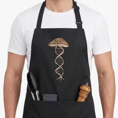 Tablier de cuisine noir avec une illustration d'un ADN en double hélice formant la tige d'un champignon aux teintes orange et beige.