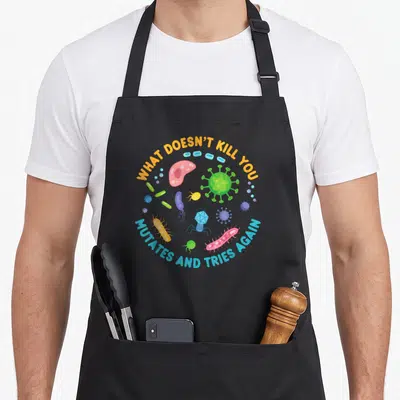 Tablier de cuisine noir avec illustration circulaire de bactéries, virus et micro-organismes colorés autour d'un texte humoristique en anglais.