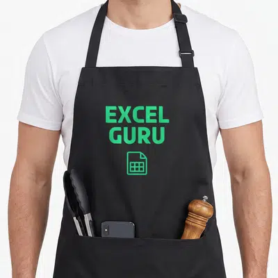 Tablier de cuisine noir avec inscription Excel Guru et icône de feuille de calcul verte au centre.