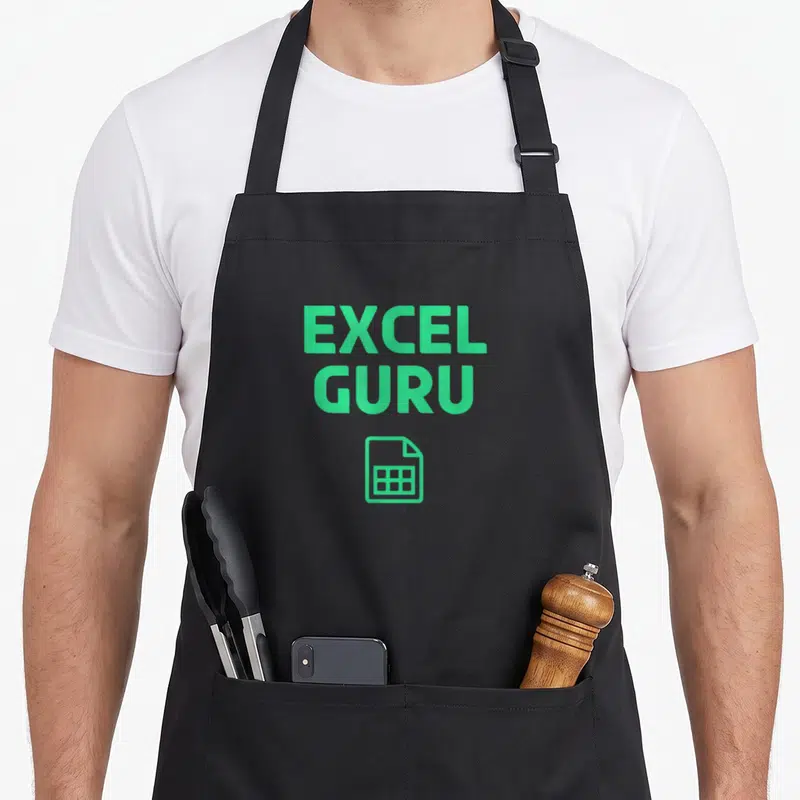 Tablier de cuisine noir avec inscription Excel Guru et icône de feuille de calcul verte au centre.