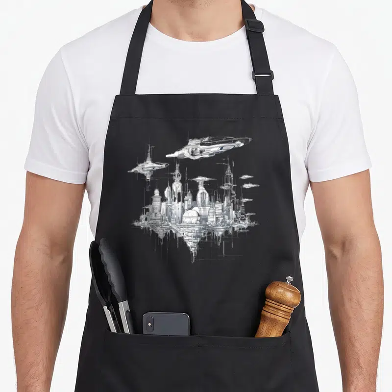 Tablier de cuisine noir avec illustration blanche d'une métropole futuriste et de navettes spatiales en style croquis technique.