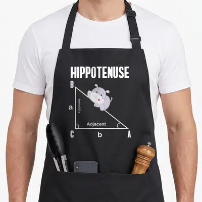 Tablier de cuisine noir avec un hippopotame gris posé sur une ligne blanche formant une hypoténuse mathématique.