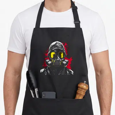 Tablier de cuisine noir avec illustration de masque à gaz jaune et taches rouges stylisées.
