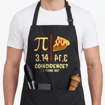Tablier de cuisine noir avec l'illustration d'un symbole Pi et d'une tranche de gâteau colorée.