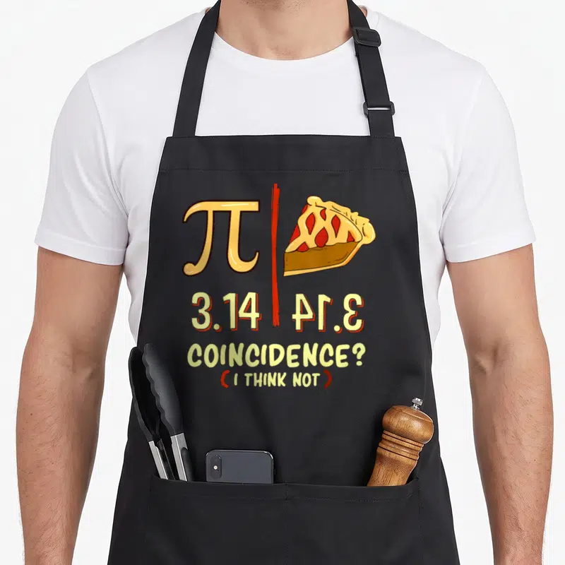 Tablier de cuisine noir avec l'illustration d'un symbole Pi et d'une tranche de gâteau colorée.