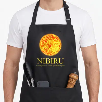 Tablier de cuisine noir avec illustration d'une étoile orange et le mot NIBIRU en lettres jaunes.