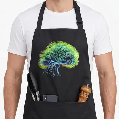 Tablier de cuisine noir avec une illustration détaillée d'un cerveau aux teintes vertes et bleues sur fond uni.