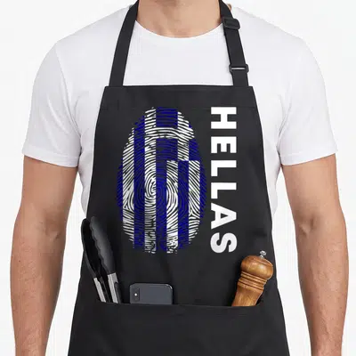 Tablier de cuisine noir avec une empreinte digitale bleue et blanche formant le drapeau grec et le mot HELLAS en blanc.