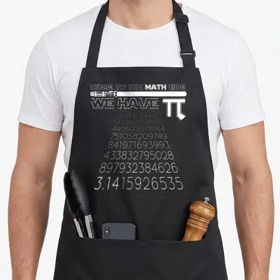 Tablier de cuisine noir avec inscription blanche Come to the math side we have Pi et décimales du nombre.