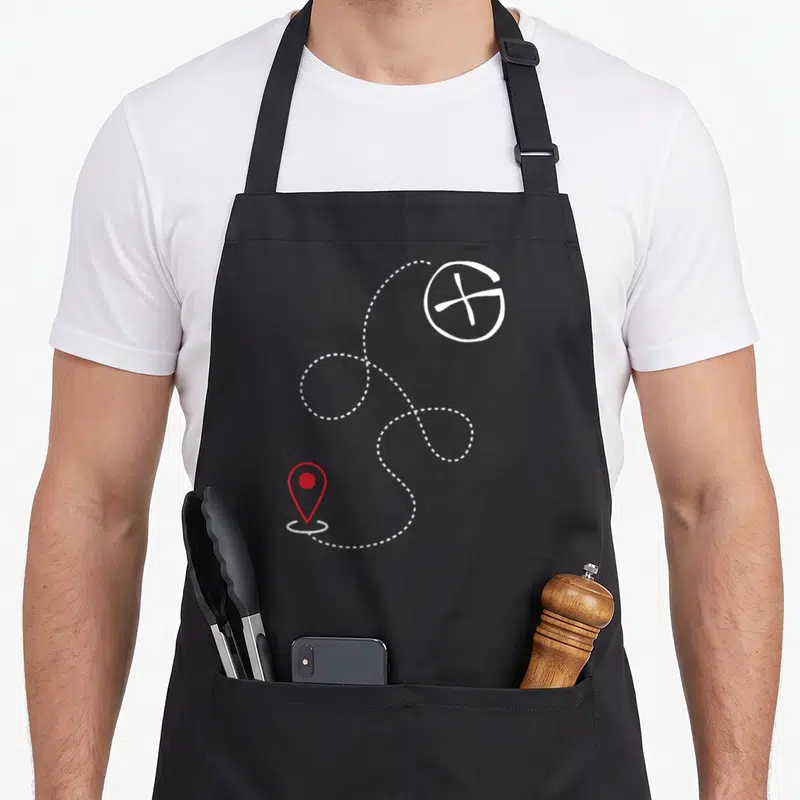 Tablier de cuisine noir avec une icône de localisation rouge et un chemin en pointillés blanc vers une croix circulaire.