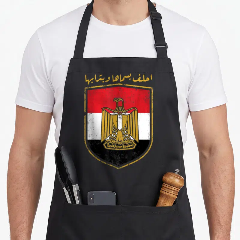 Tablier de cuisine noir avec blason égyptien vintage, aigle doré et texte en arabe sur fond tricolore rouge blanc noir.