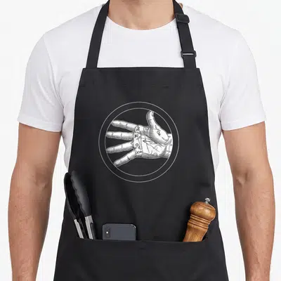 Tablier de cuisine noir avec illustration circulaire d'une main de chiromancie et symboles alchimiques en blanc.