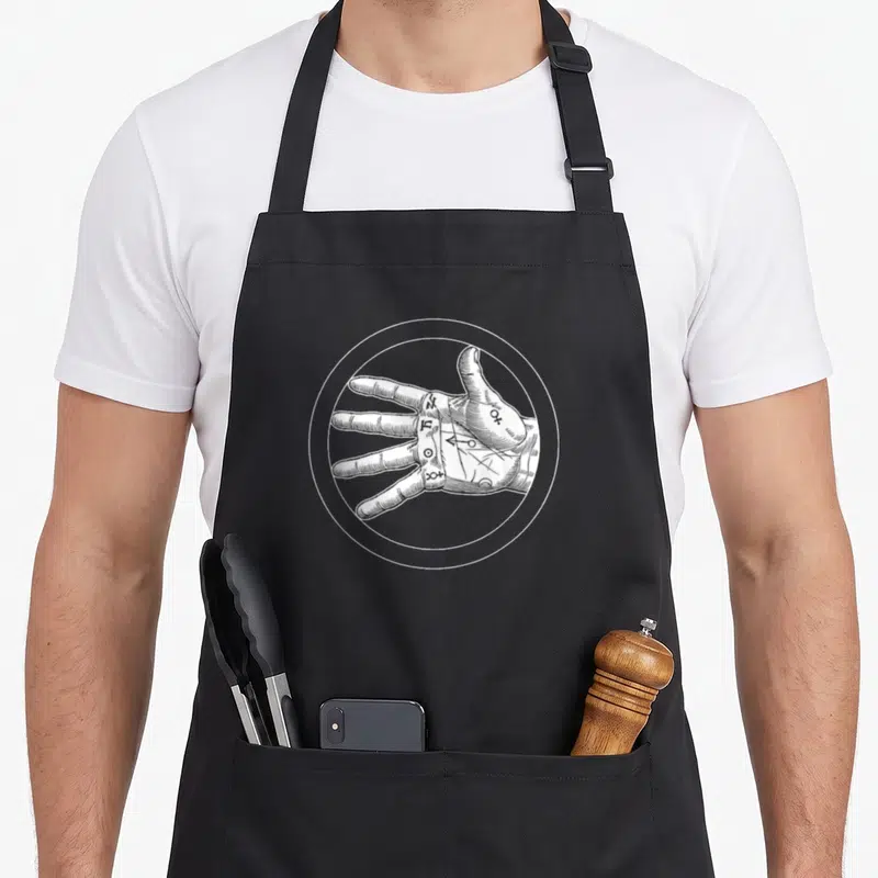 Tablier de cuisine noir avec illustration circulaire d'une main de chiromancie et symboles alchimiques en blanc.