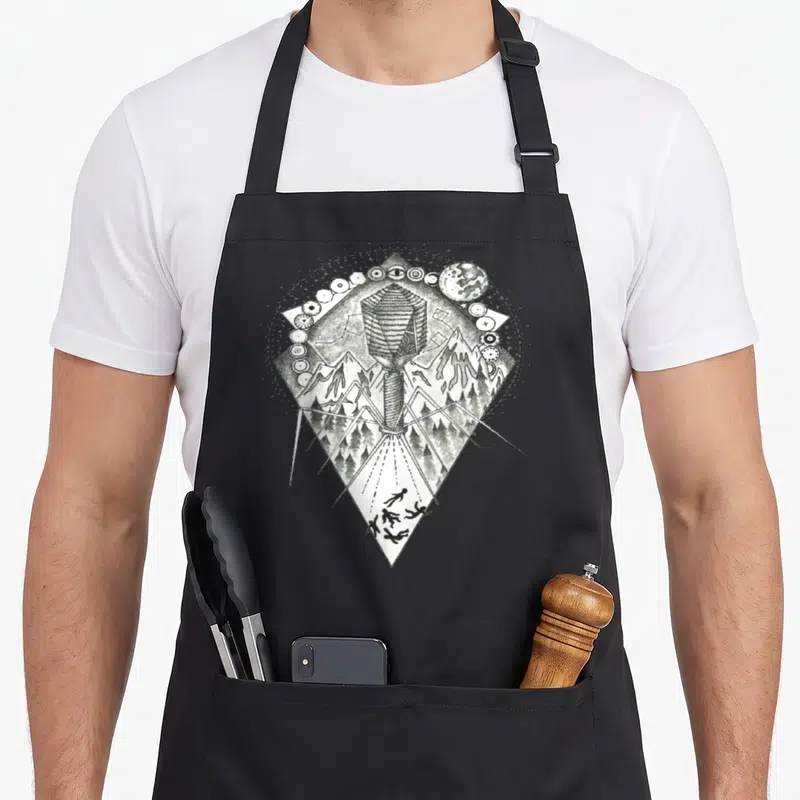 Tablier de cuisine noir avec illustration gravure d'un virus bactériophage T4 au-dessus de montagnes et silhouettes humaines.