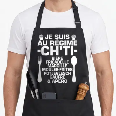 Tablier de cuisine noir avec inscription blanche Je suis au régime ch'ti entouré d'une fourchette, d'une cuillère et de frites.